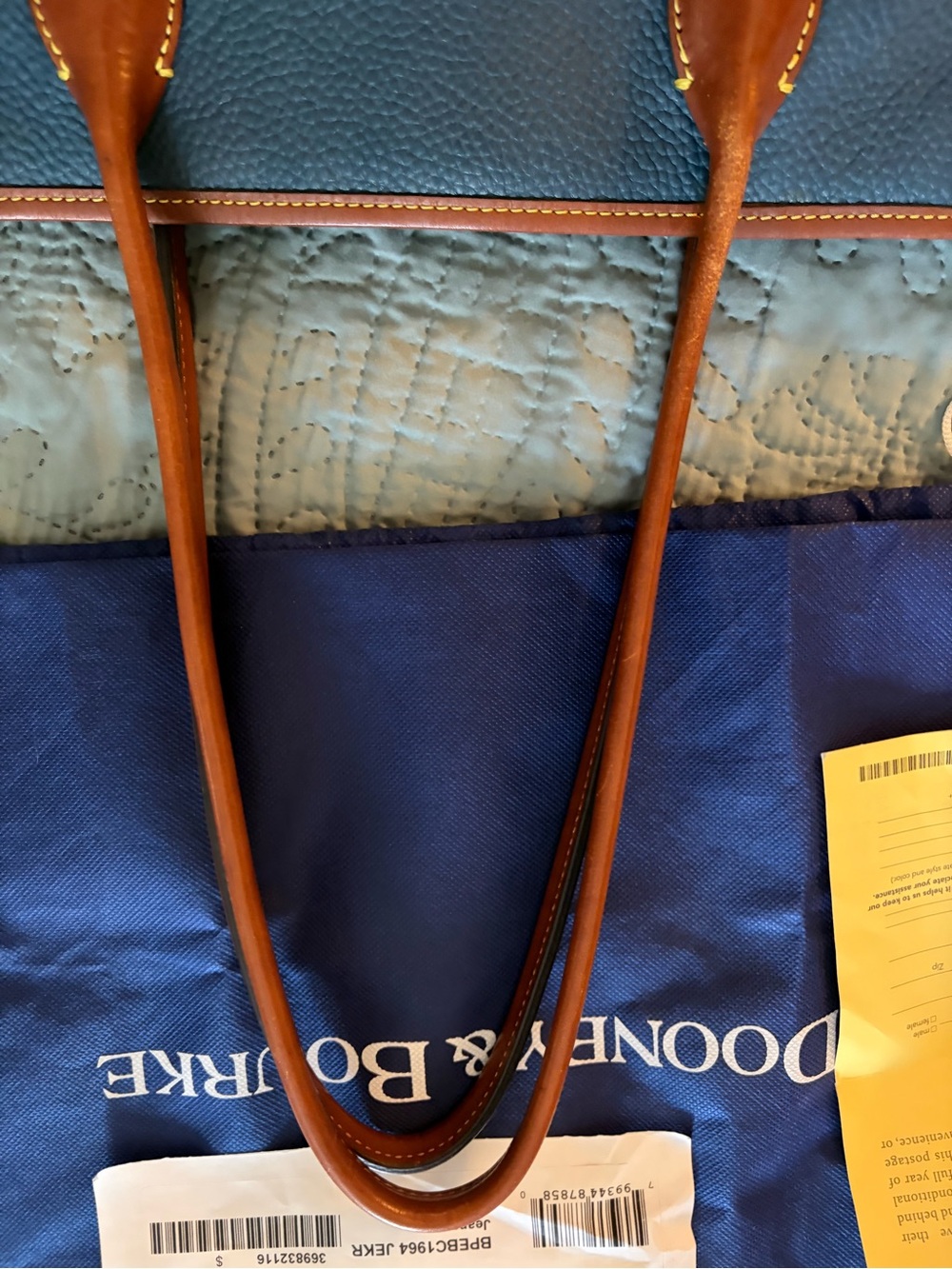 Dooney & Bourke denim blu Pebbled Leather Tote with Brown Trim and Gold Hardware - Picture 6 of 11
